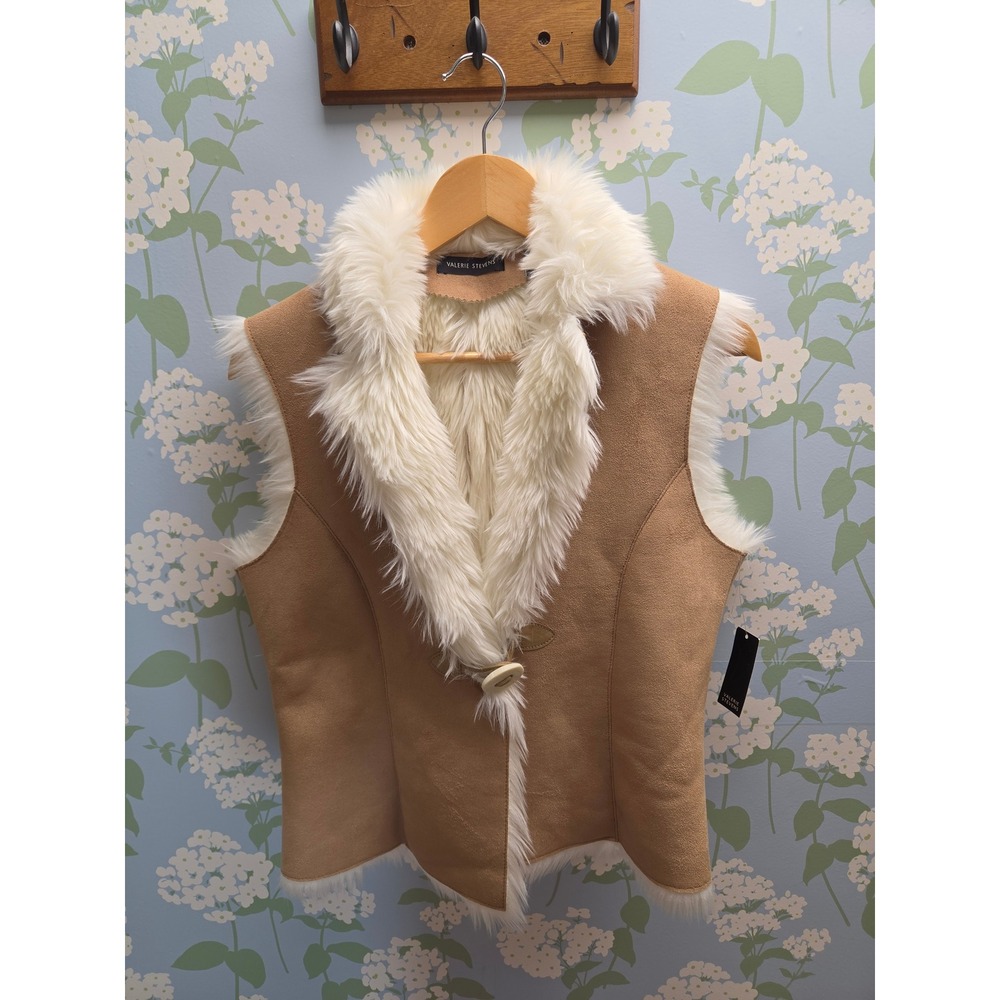 Valerie Stevens Faux Suede Fur Trim Vest Tan White S/M 6128